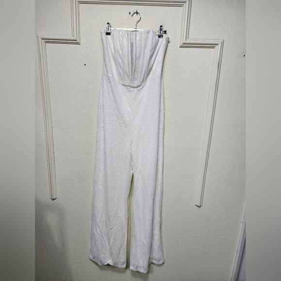 Lulus Glamorous Spirit White Sequin Strapless Bustier Jumpsuit L Wedding Party - Picture 6 of 9